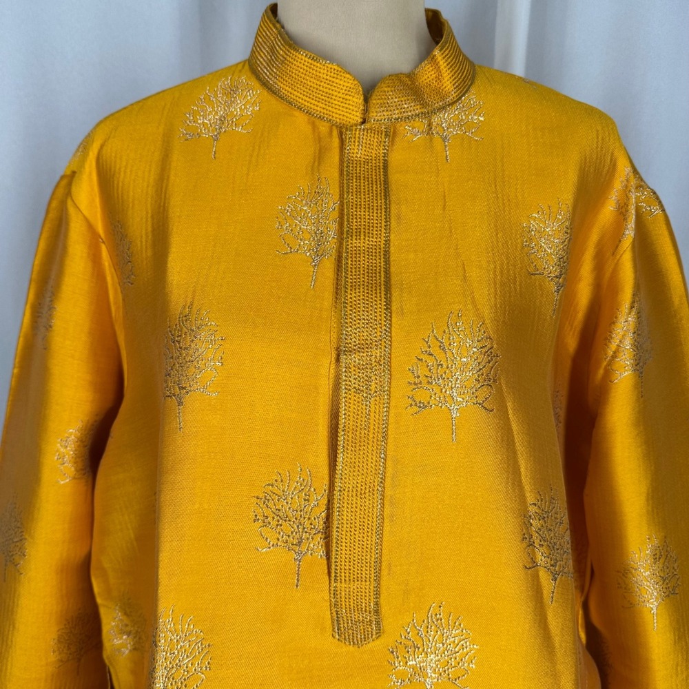 Mens Mustard Yellow Gold Tree Embroidered Kurta Tunic Mandarin Collar Size 44 - Picture 14 of 15